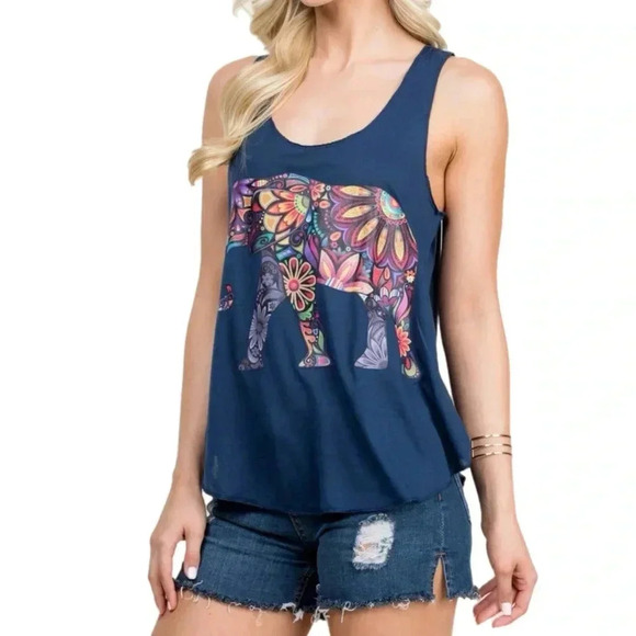 LA SOUL Navy Floral Peaceful Elephant Graphic Tank Top Lightweight Summer Shirt - Picture 3 of 11